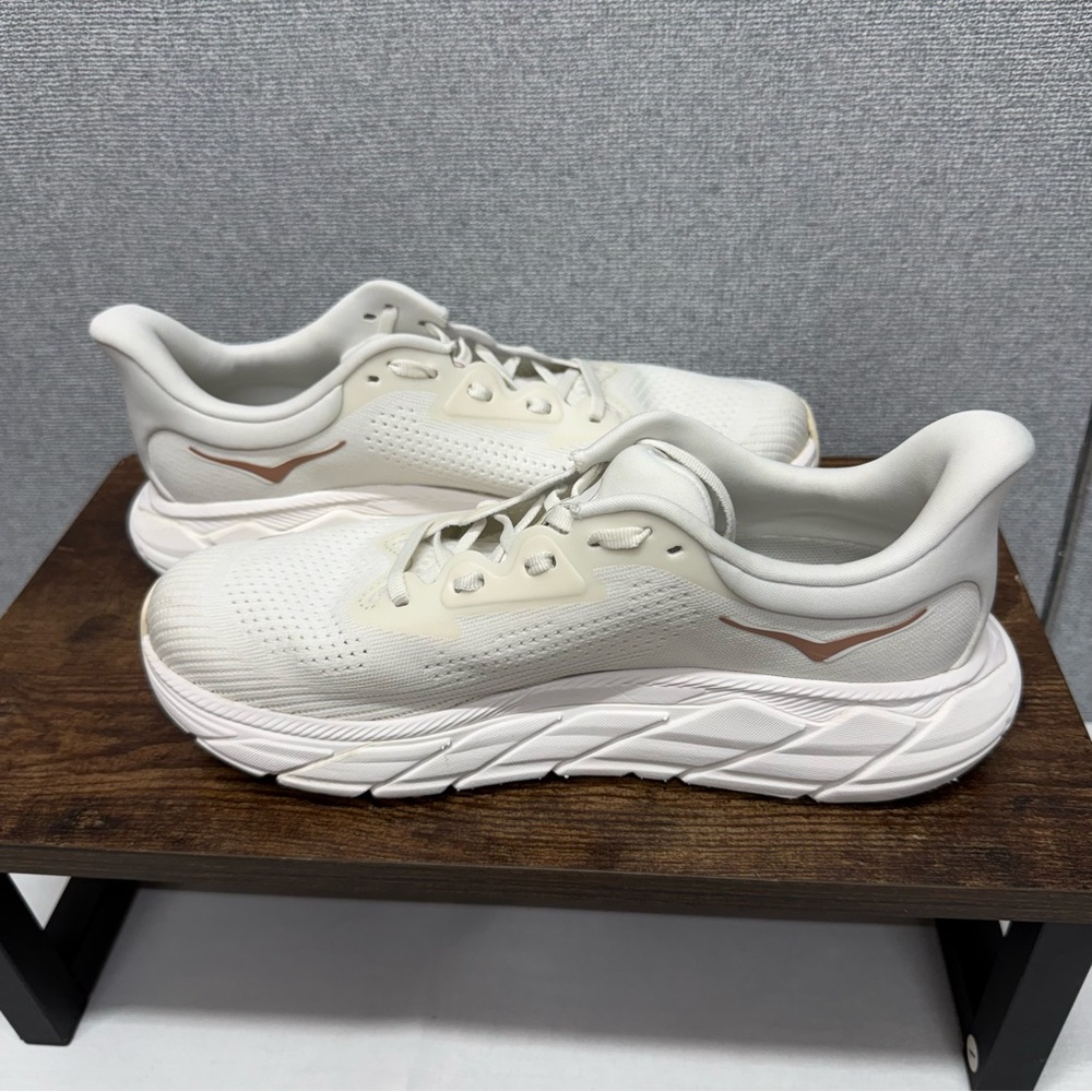 Hoka One One Women's Cream White Athletic Shoes with Tan Logo - Picture 5 of 7